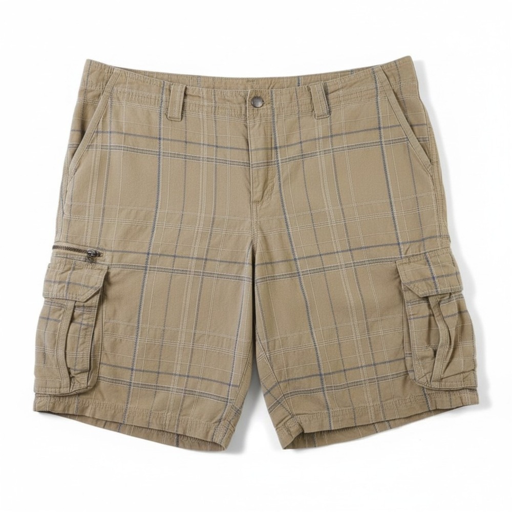 Columbia Shorts Mens 42 Tan Blue Plaid Cargo Omni Shade Outdoors Hiking Gorpore